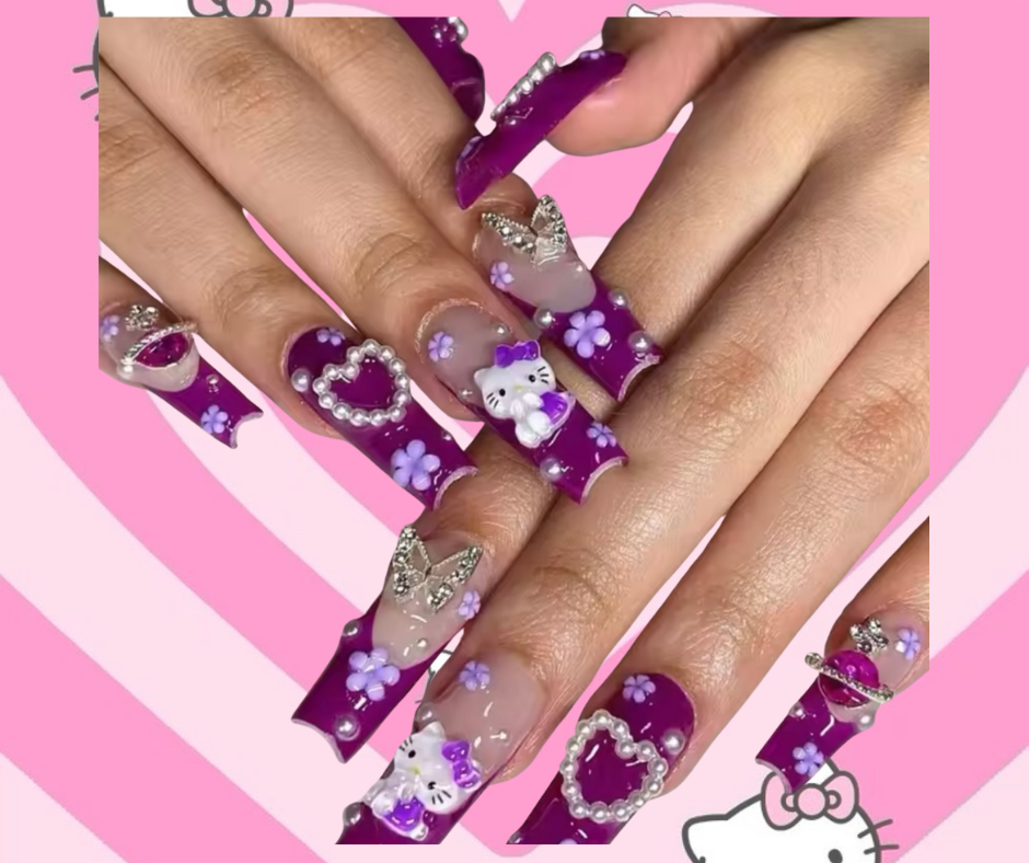 Purple Hello Kitty Nails